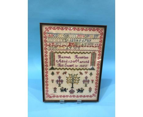 A sampler by Hannah Thompson, aged 12, dated 1855, 41 x 31cm