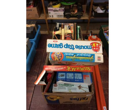 Two boxes of assorted Vintage toys and games