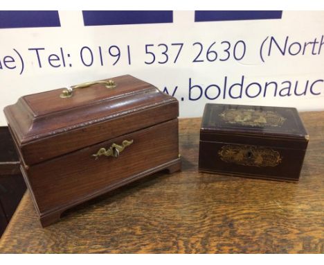 A 19th century mahogany tea caddy and a small Chinoiserie lacquered tea caddy