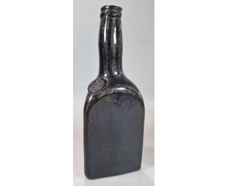 Unusual and rare, probably 18th century, triangular section dark brown glass shouldered Masonic bottle, with applied square c