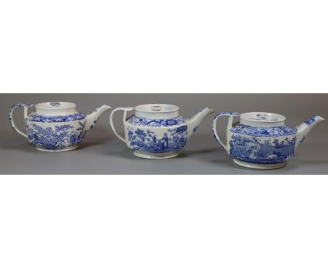 Group of three 19th century Spode blue and white transfer printed Batchelor's/child's teapots, to include 'Girl at the Well' 