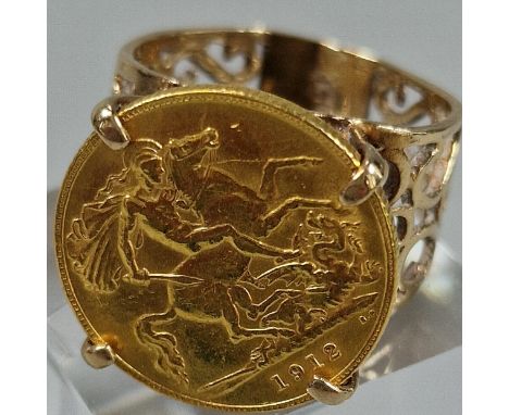 George V gold half Sovereign dated 1912 set in a 9ct gold pierced ring mount. 9.5g approx.  (B.P. 21% + VAT) 