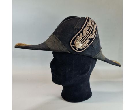 Early 20th Century British Deputy Lieutenant Bicorn Hat with original metal case.  Decorated with silver gilt bullion wire th