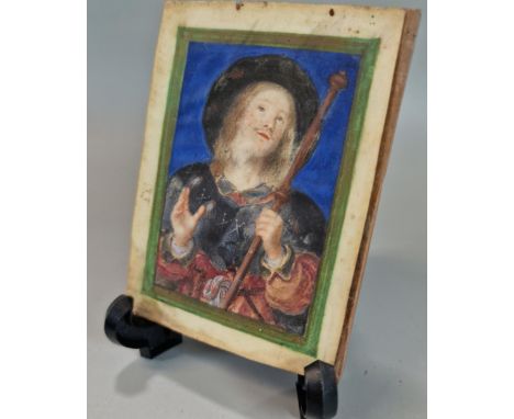 19th century portrait miniature on paper of a gentleman in 17th dress, contained in an earlier 17th or 18th century hardwood 