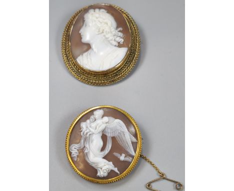 Two gold Victorian cameo brooches of circular and oval form, one depicting Aurora Goddess of Dawn, the other portrait of a ma