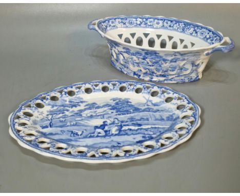 19th century Spode blue and white chestnut basket on stand in the 'Shepherdess' pattern, the basket 28cm long approx. 'Audrey