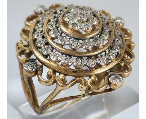 9ct gold Art Deco style multi-cluster diamond bullseye ring. 8.4g approx. Size M. (B.P. 21% + VAT) 