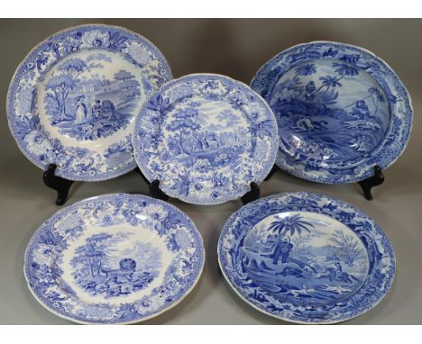 Group of 19th century Spode blue and white transfer printed pottery items to include: 'Death of the Bear' plate, impressed an