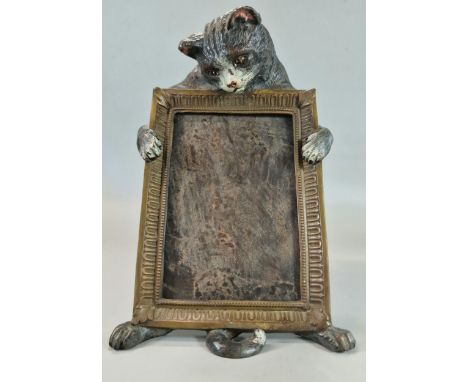 Late 19th early 20th century cold painted Austrian bronze novelty cat easel photograph frame marked 'geschutze'. 25x16cm appr