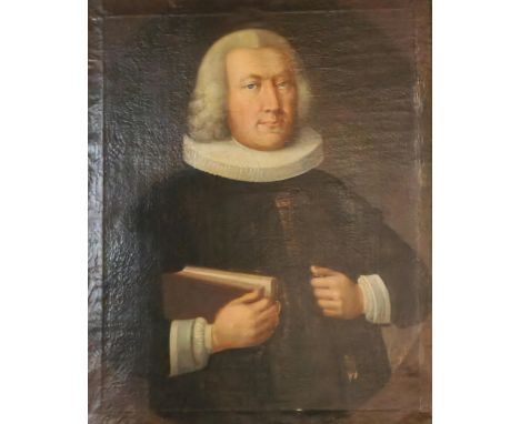 18th century possibly Danish School, portrait of a Bishop in ruff collar holding Bible. Oils on canvas. 86x68cm approx. Gilt 