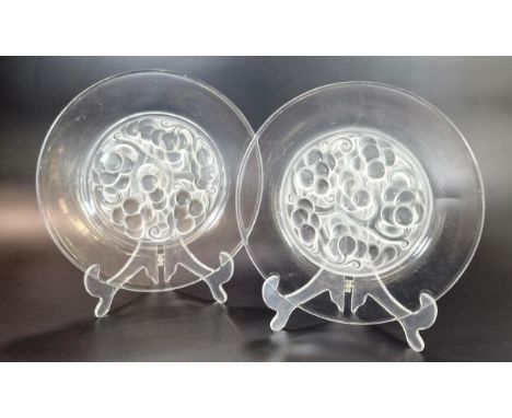 Pair of R Lalique frosted and clear glass 'Marienthal Grape Cluster and Vine' design plates.  Marked 'R Lalique'.  24cm diame