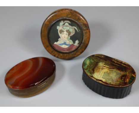 Group of three 19th century boxes/snuff boxes to include: oval agate and brass hinged box, 6cm long approx, tortoiseshell and