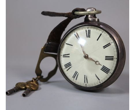 19th century silver pair cased pocket watch, having Roman enamel face and Fusee movement with foliate pierced balance cock.  