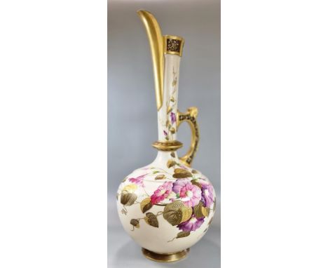 Late 19th century Royal Worcester blush ivory single handled ewer jug with hand-painted floral sprays and gilded foliage. Gre