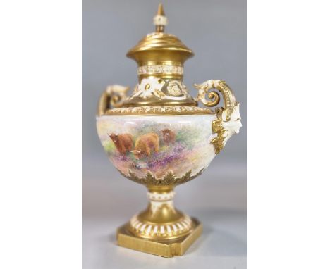 Royal Worcester two handled urn shaped and gilded pedestal vase, hand-painted with cattle in a landscape. Signed 'H Stinton'.