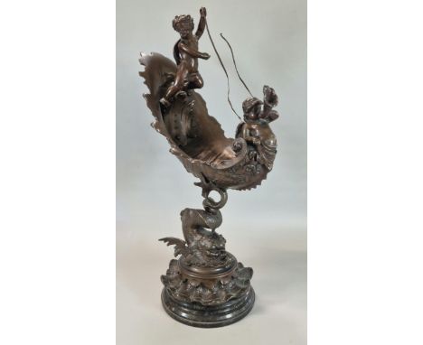 After Emile Louis Picault, a late 19th century French Bronze centre piece of two winged cherubs with musical instrument ridin
