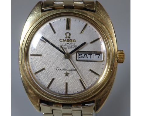 Omega Constellation gold plated automatic chronometer, having Baton numerals, centre sweep seconds hand and day/date aperture