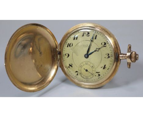 14ct gold engine turned full hunter keyless gentleman's pocket watch, having Arabic face with seconds dial 'Union S A'.  5.2c