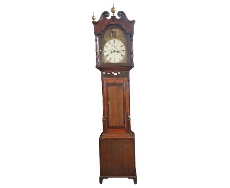 19th century Welsh oak eight day long case clock, marked 'T Brace, Chepstow', having hood with broken swan neck pediment abov