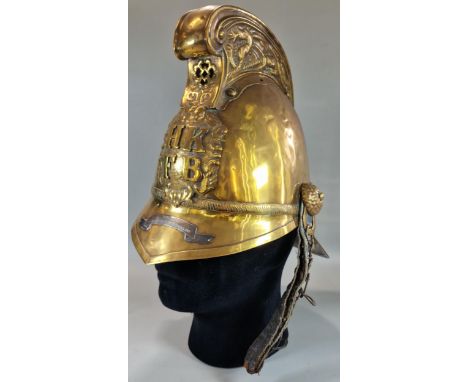 Brass Merryweather Pattern Fireman's Helmet for the 'Hong Kong Fire Brigade'. Of typical form with raised dragon comb vent mo