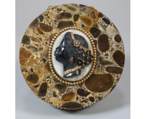 Unusual 19th central, probably French ladies' polished 'Pudding Stone' trinket box with female Blackamoor cameo set to the to