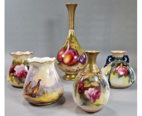 Collection of Royal Worcester porcelain vases to include: a bottle vase with painted fruit signed 'E Townsend' shape No H307,