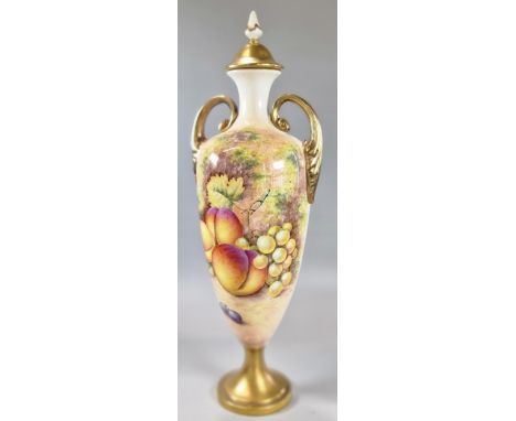 Royal Worcester porcelain two handled vase, of ovoid form, hand-painted with fruit on a mossy background, signed 'Telford'. B