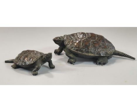 Two Japanese bronze Okimono Turtles. Signed to the bases. One 10cm, the other 7cm approx. (2)  (B.P. 21% + VAT) 
