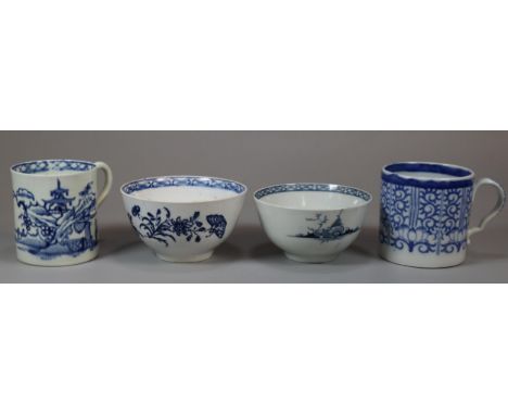 18th century James Pennington porcelain underglaze blue decorated tea bowl, another similar with floral decoration, Liverpool