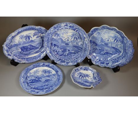 Collection of 19th century Spode blue and white transfer printed 'Indian Sporting Series' items to include: 'Common Wolf Trap