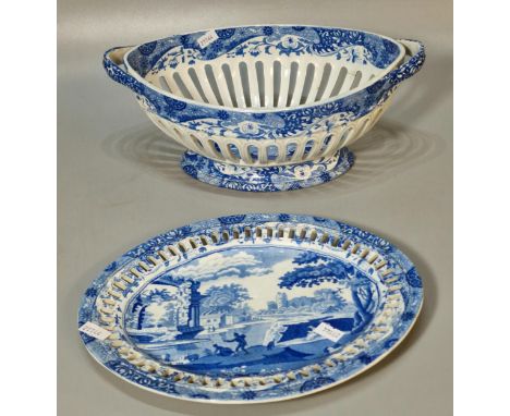 19th century Spode blue and white chestnut basket and stand with pierced lattice borders, decorated in 'Italian' pattern, the