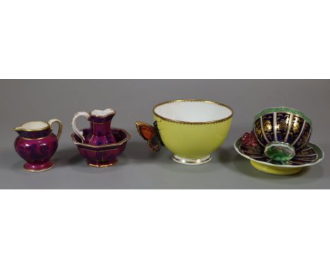 Collection of 19th century Spode coloured wares to include: gilded cabinet cup and saucer, miniature jug and basin set with a