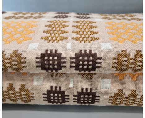 Vintage beige ground Welsh geometric carthen in tones of browns and yellow. 245x230cm approx. (B.P. 21% + VAT) Minor wear to 