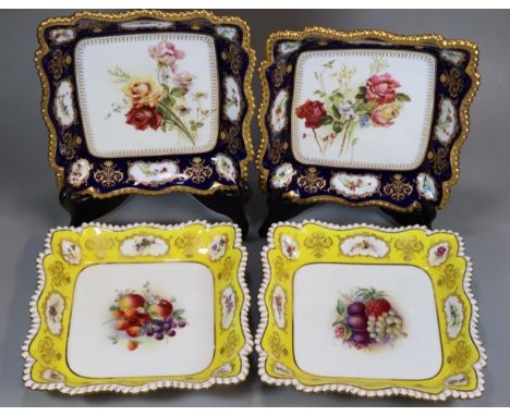 Pair of Royal Worcester porcelain dessert dishes, of square form, probably painted by George Cole, with fruit within a yellow