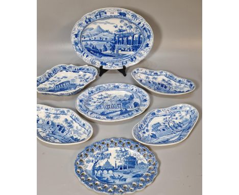 Collection of 19th century Spode blue and white ceramics to include: three lozenge stands, 'Cramanian', 'Sarcophagi at Cacamo
