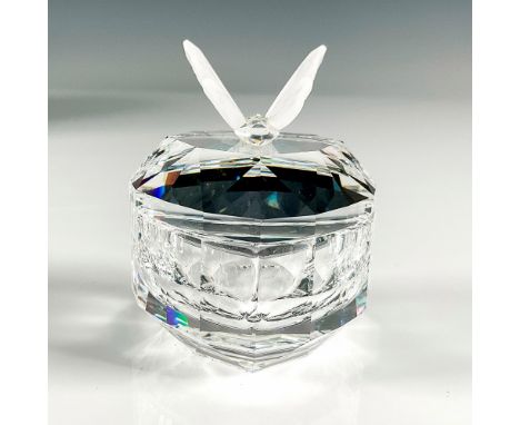 Clear crystal faceted box with satin finished crystal butterfly on lid. Swarovski backstamp. 7465 052 100. This item has its 