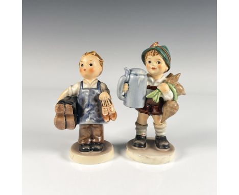 Hand painted figurines titled Boots depicting a young working boy holding two pairs of shoes and For Father depicting a young