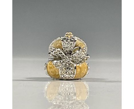 Small and round pearled enameled crystal pearl box with silver-tone metal decoration, encrusted with small crystals. Jay Stro