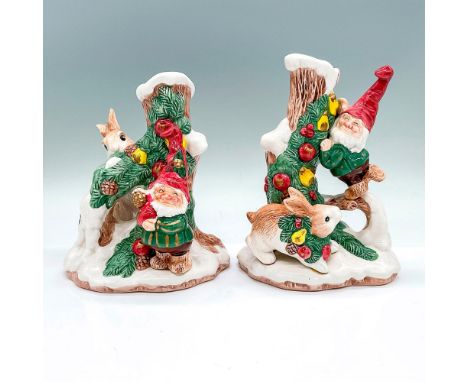 Two vintage ceramic candle holders depicting gnomes and bunnies decorating a pine tree with apples and pears. FF 1991 impress