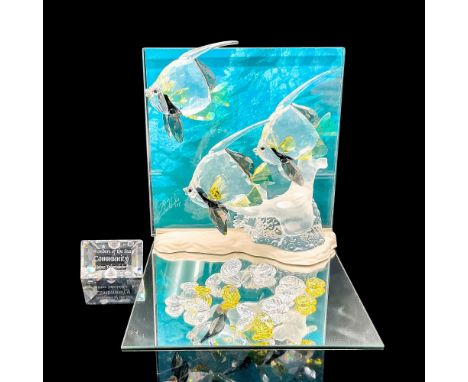 Multifaceted clear, gray and yellow crystal on a frosted coral reef, crystal back panel, printed ocean background on board, t