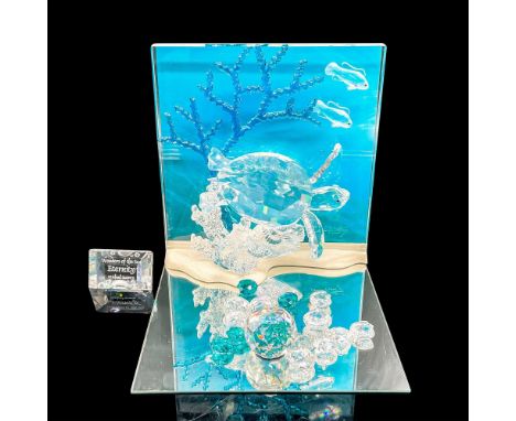 Multifaceted clear and blue crystal turtle on a coral reef, crystal back panel, printed ocean background on board, title plaq