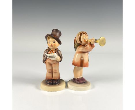 Colorful, hand painted figurines titled Street Singer depicting a young child performing with music sheet in hand and Little 