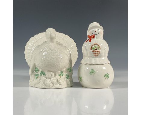 Includes a turkey figural planter from the Archive Collection and a Snowman figural Candy Jar with Lid. Cream colored figural