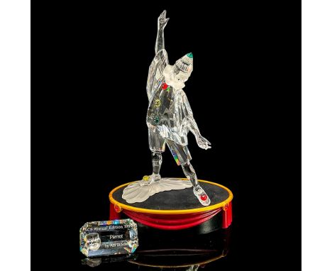 Brilliant clear crystal figure of Pierrot in a dramatic pose with left foot forward, right arm up. Satin base, collar and fac