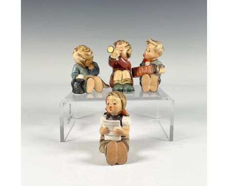 A collection of four Goebel hand painted figures in matte finish including Girl with Music Sheet, A Nap, Boy with Accordion, 