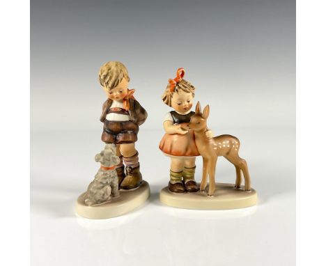 Two colorful figurines titled Friends depicting a young girl petting a fawn and Not For You depicting a young boy holding a b