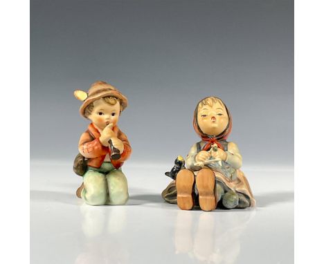 Delightful Goebel collectibles titled Happy Pastime featuring a seated German girl knitting and Little Tooter featuring a sea