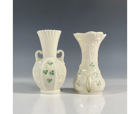 Cream colored Irish porcelain spill vases decorated in the classic Harp Shamrock pattern, the symbol of Ireland. Belleek back