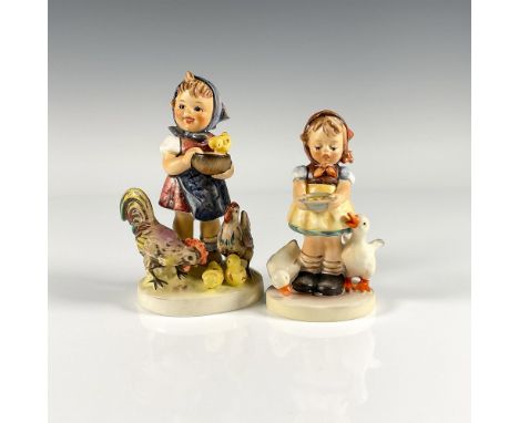 Two vintage hand painted figurines titled Be Patient which depicts a girl feeding two ducklings and Feeding Time depicting a 