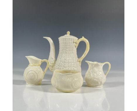 Vintage Irish porcelain set that includes 1 coffee pot with lid, 2 creamers of different size, and 1 open sugar bowl. Beautif